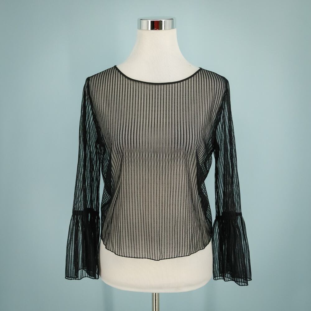Babaton Aritzia Size Small S Black Humbert Mesh 3/4 Bell Sleeve Semi-Sheer Top